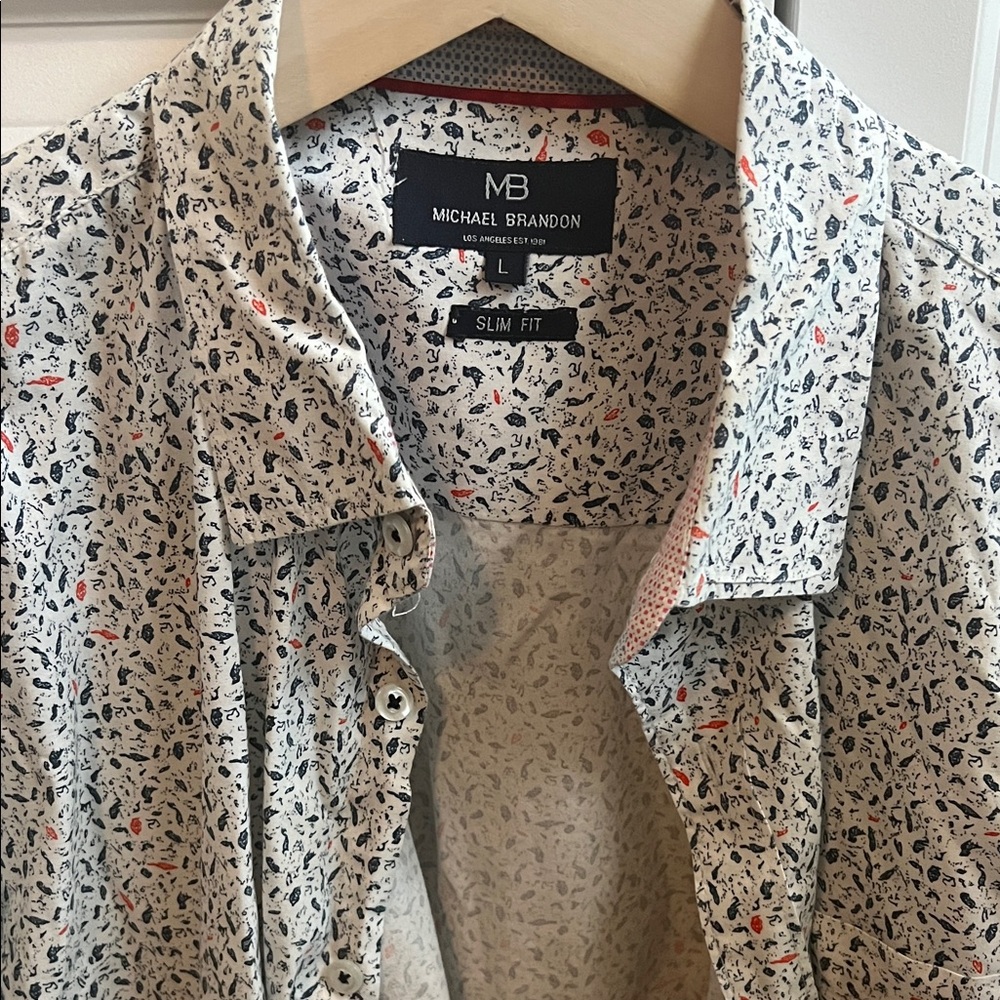 Michael Brandon Men's Casual Shirt - Dark Blue, White, and Red Print